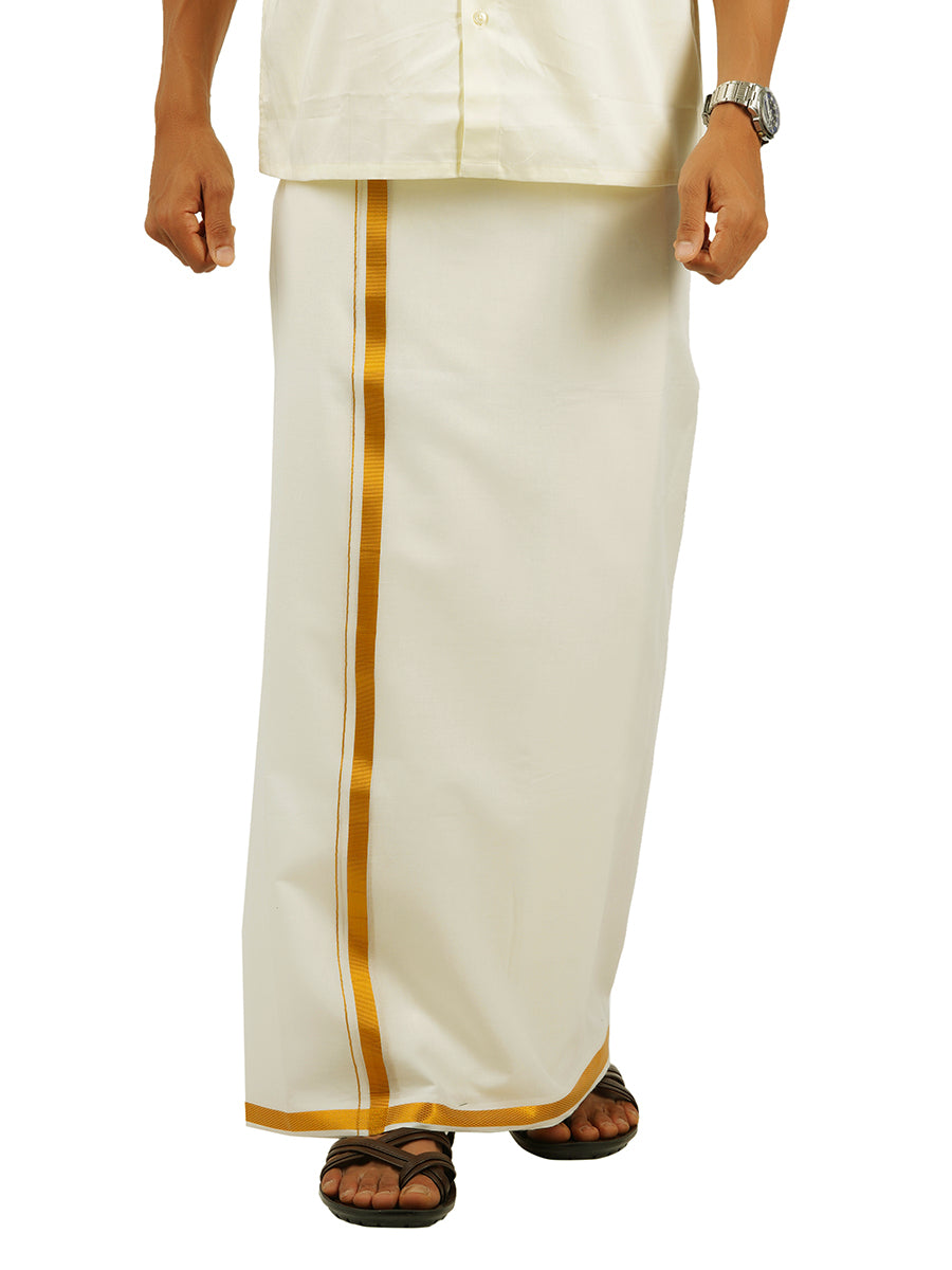 Men's wear combo pack features cream color polyester full-sleeve readymade  shirt, zari border dhoti & angavastram