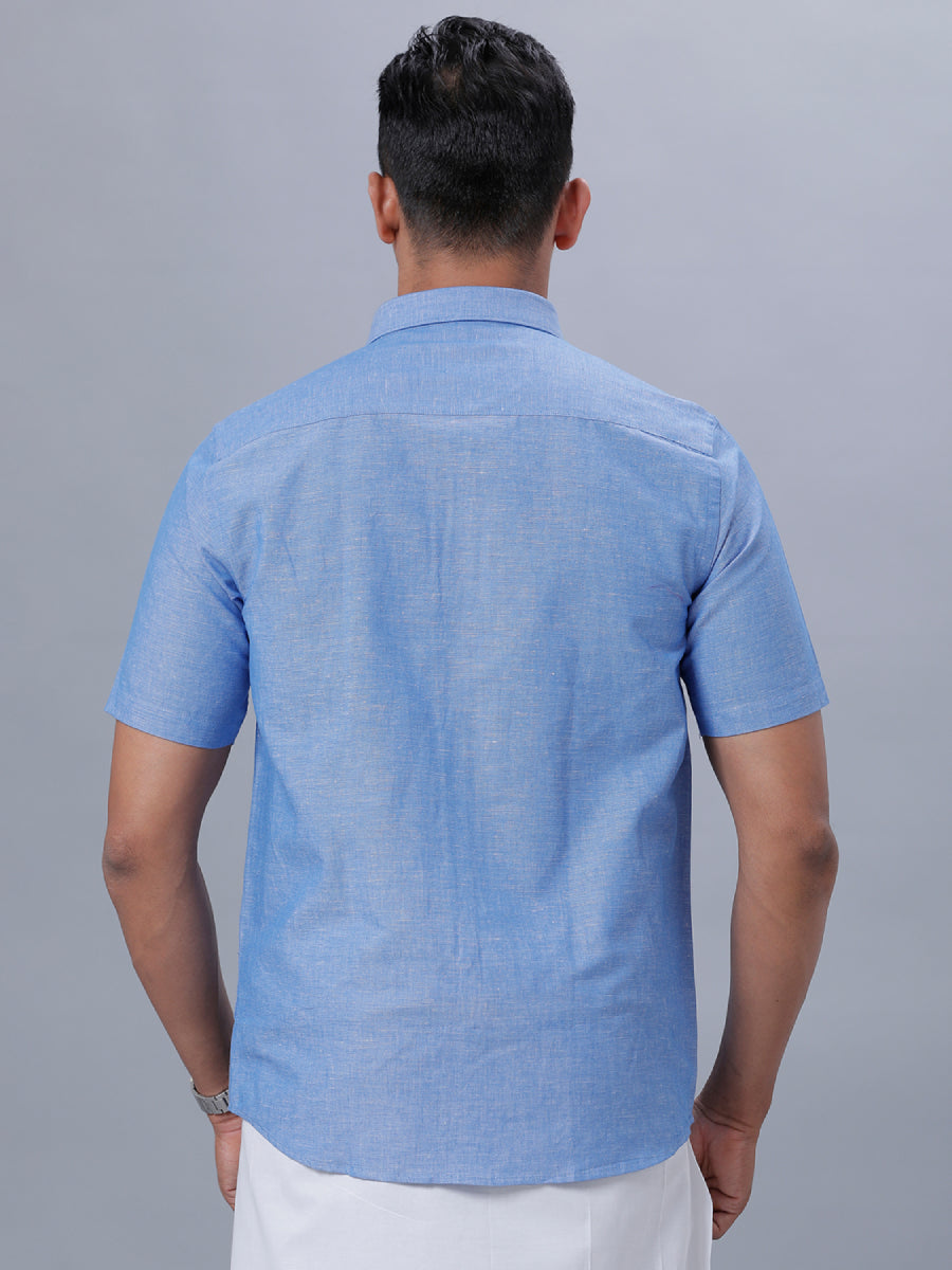 Mens Linen Cotton Formal Shirt Half Sleeves Blue LF4-Back view