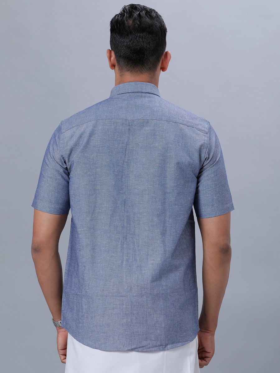 Mens Linen Cotton Formal Shirt Half Sleeves Grey Blue LF6-Back view