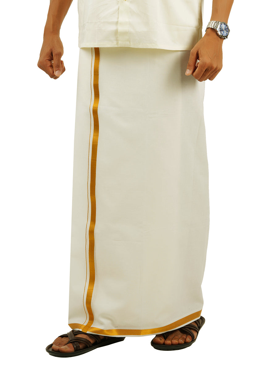 Mens Double Dhoti with Towel Cream with Gold Jari 3/4" Nithyanjali-Side view