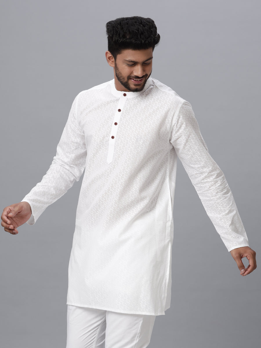 Mens Cotton White Full Sleeves Self Design Medium Length Kurta RD11-Front view