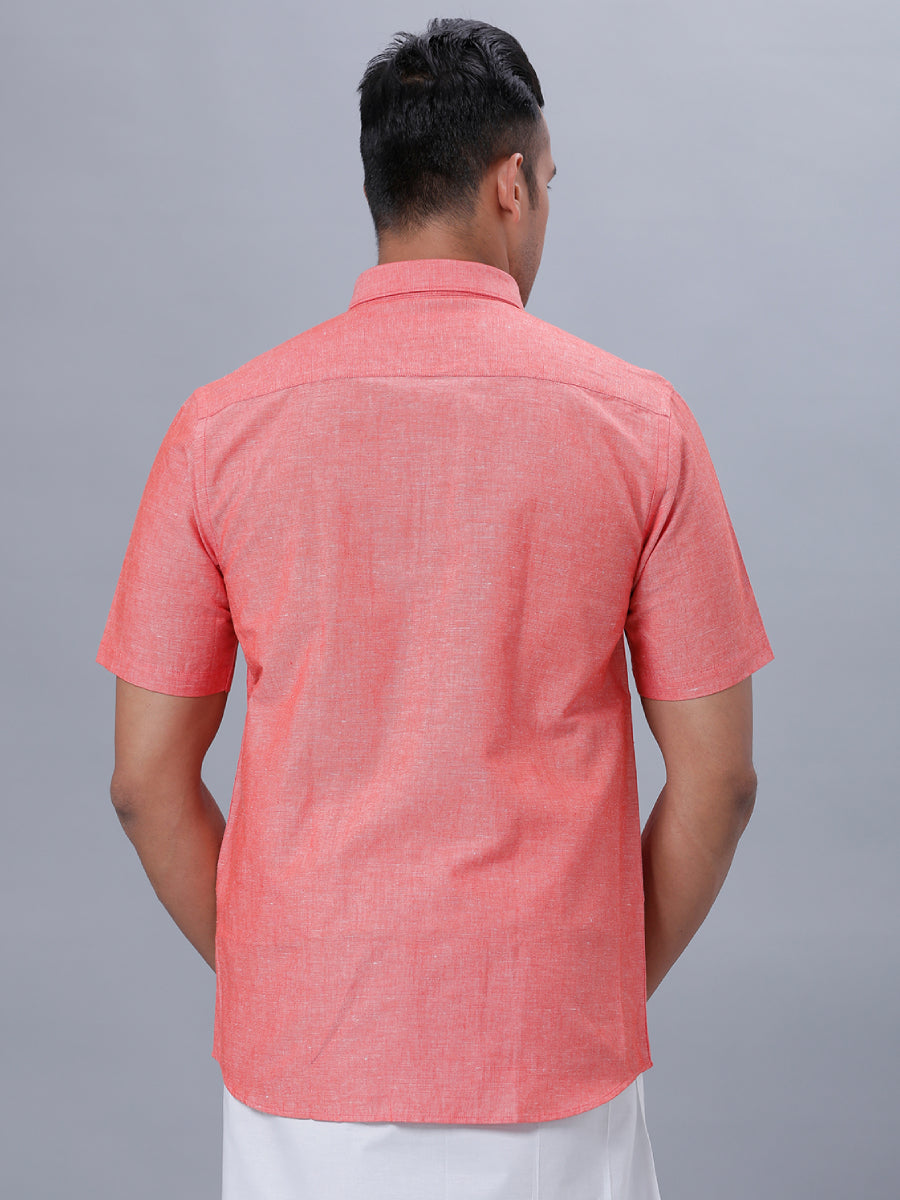 Mens Linen Cotton Formal Shirt Half Sleeves Pink LF5-Back view