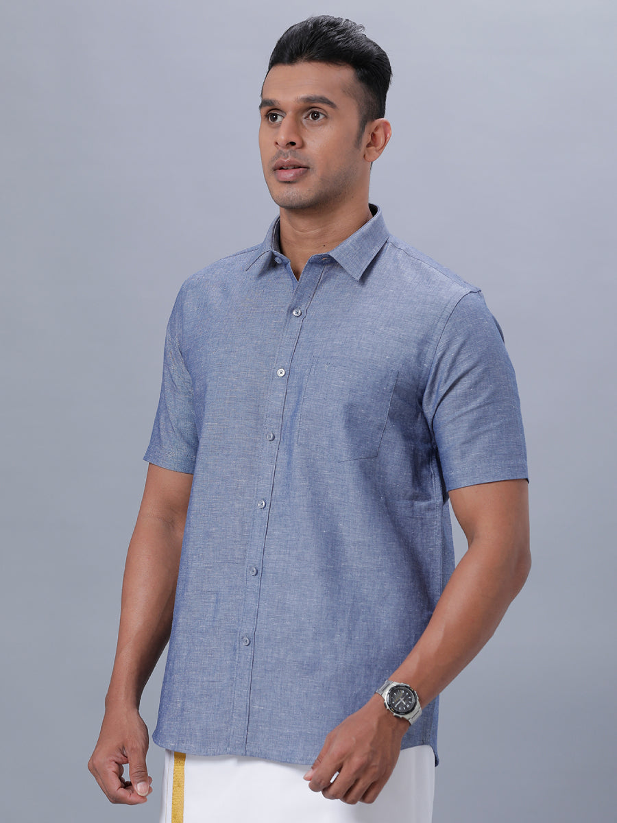 Mens Linen Cotton Formal Shirt Half Sleeves Grey Blue LF6-Side view