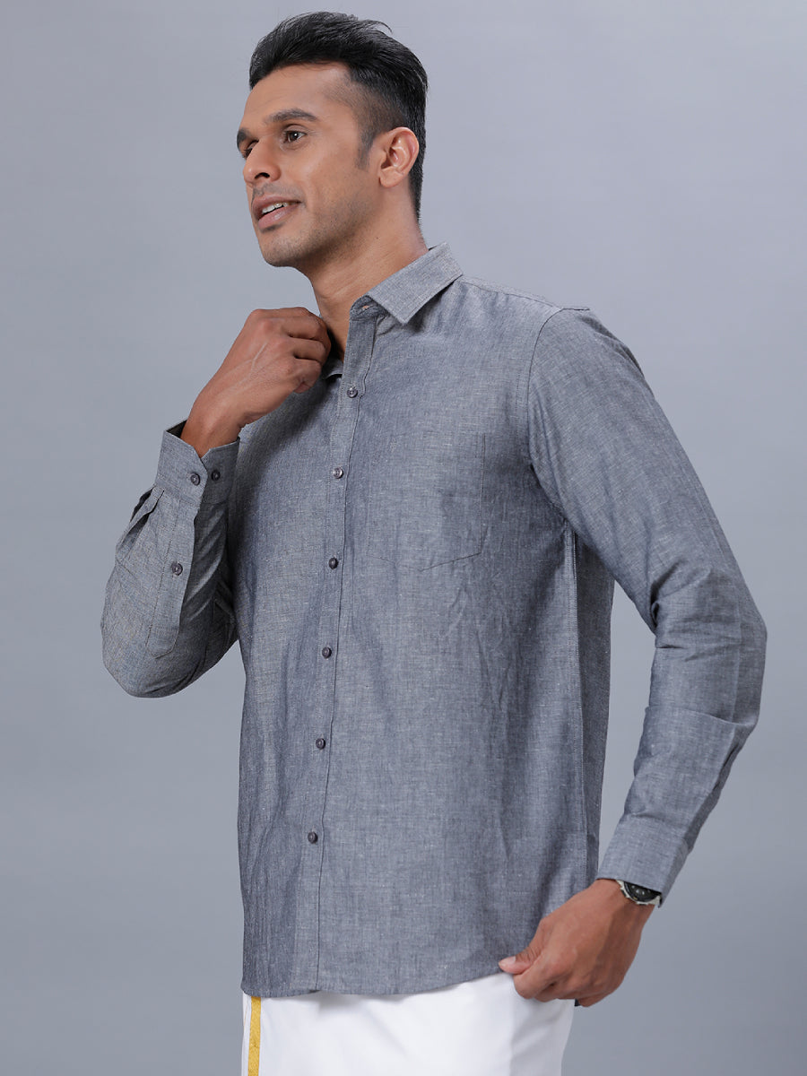 Mens Linen Cotton Formal Shirt Full Sleeves Grey LF7=Front view