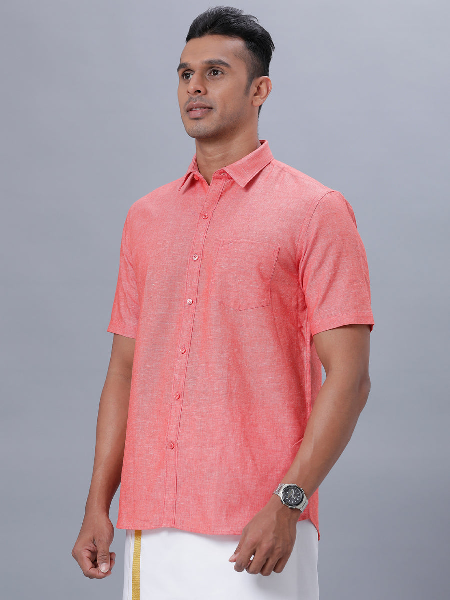 Mens Linen Cotton Formal Shirt Half Sleeves Pink LF5-Side view