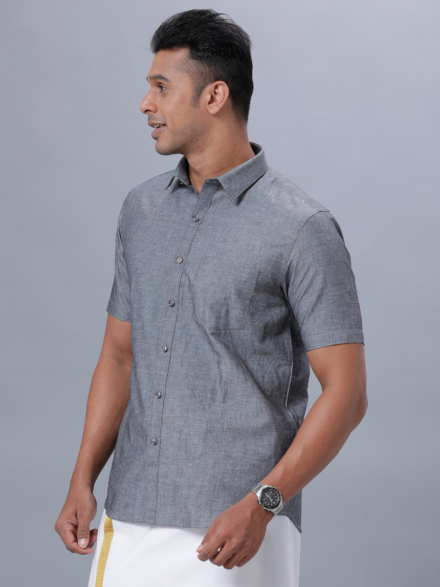 Mens Linen Cotton Formal Shirt Half Sleeves Grey LF7-Side alternative view