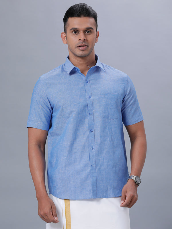 Mens Linen Cotton Formal Shirt Half Sleeves Blue LF4