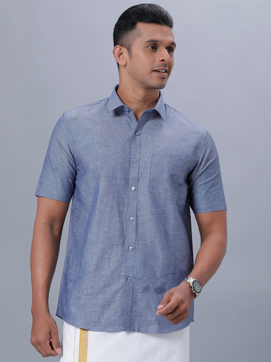 Mens Linen Cotton Formal Shirt Half Sleeves Grey Blue LF6