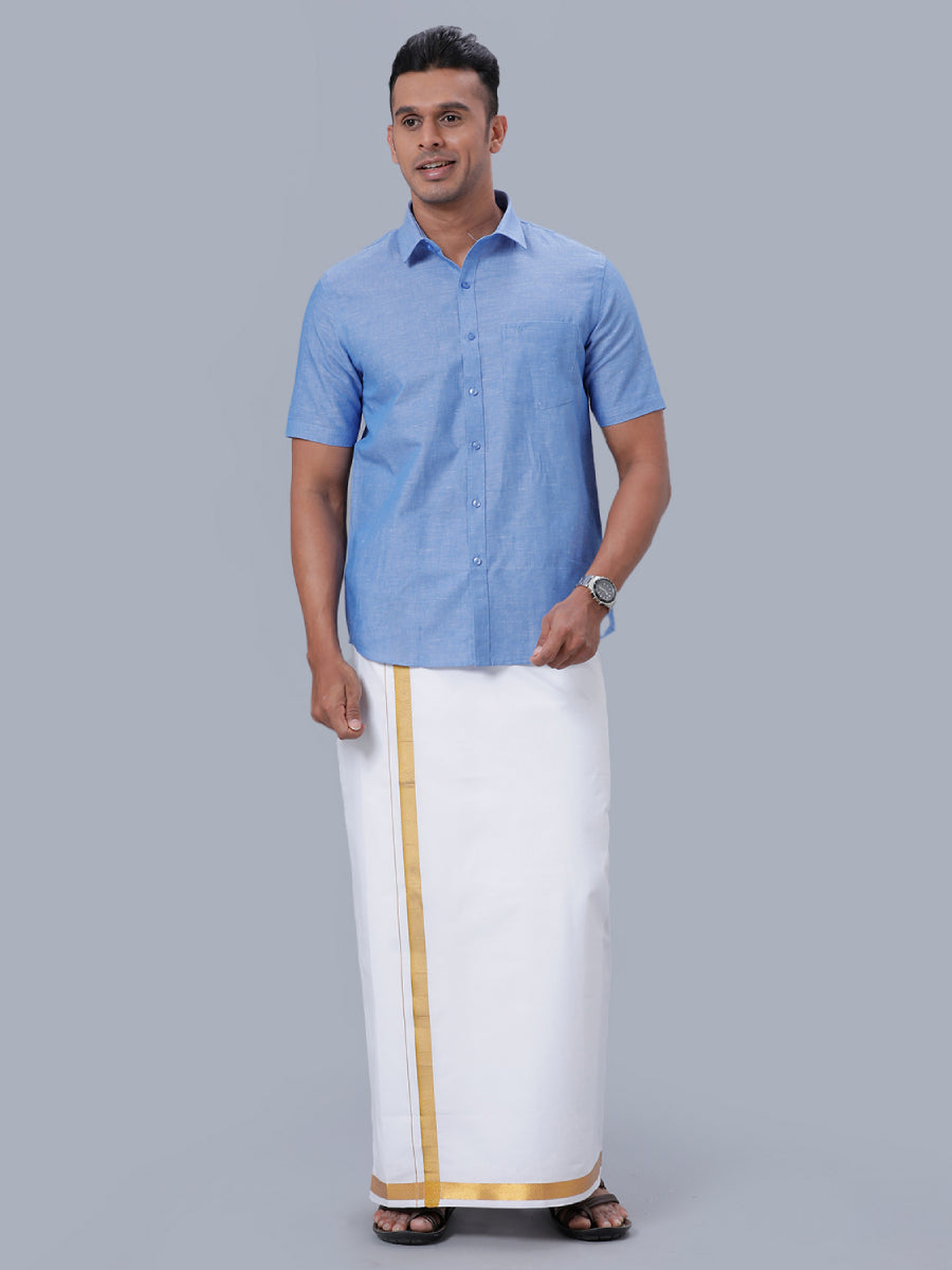 Mens Linen Cotton Formal Shirt Half Sleeves Blue LF4-Full view