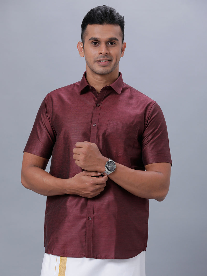 Mens Formal Shirt Half Sleeves Magenta Red T29 TE6