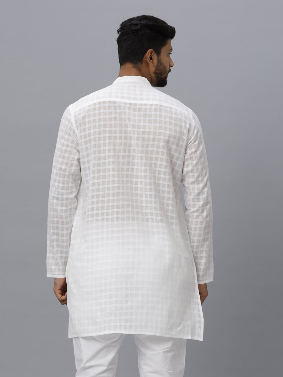 Mens Cotton White Full Sleeves Self Design Medium Length Kurta RD17-Back view