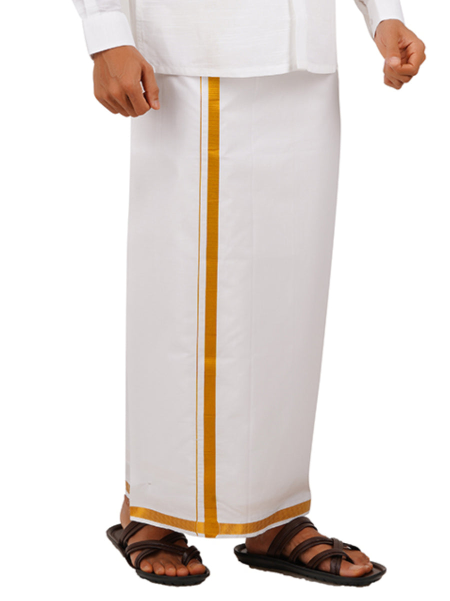 Mens Double Dhoti White with Gold Jari 3/4" Gold Twix-Side view