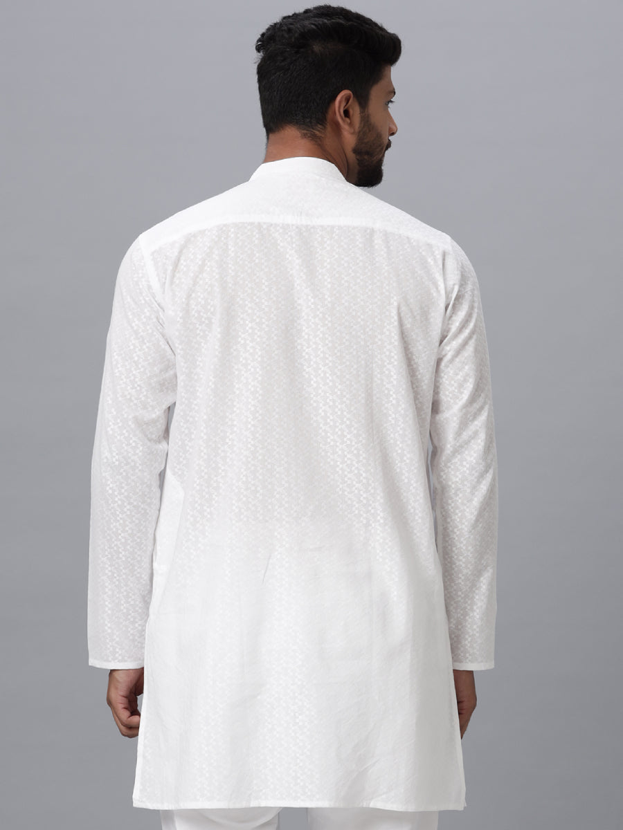 Mens Cotton White Full Sleeves Self Design Medium Length Kurta RD11-Back view
