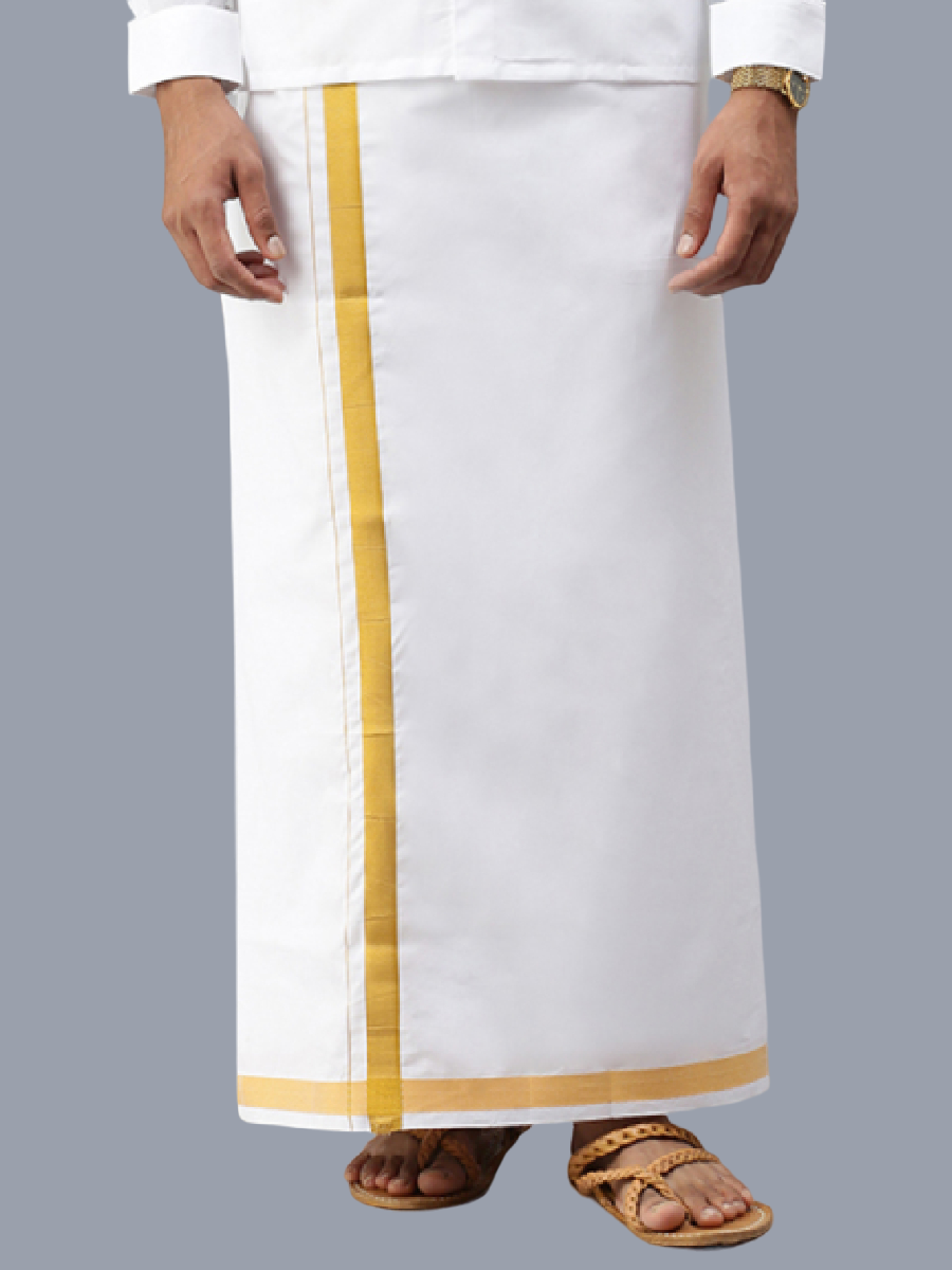 Mens Wrinkle Free White Full Sleeves Shirt with 1'' Gold Jari Double Dhoti Combo-Front view