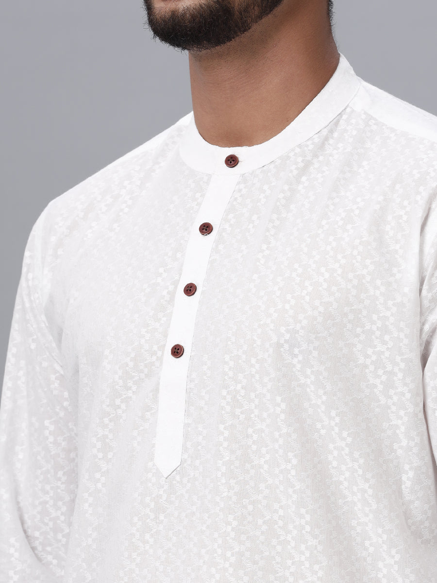 Mens Cotton White Full Sleeves Self Design Medium Length Kurta RD11-Zoom view