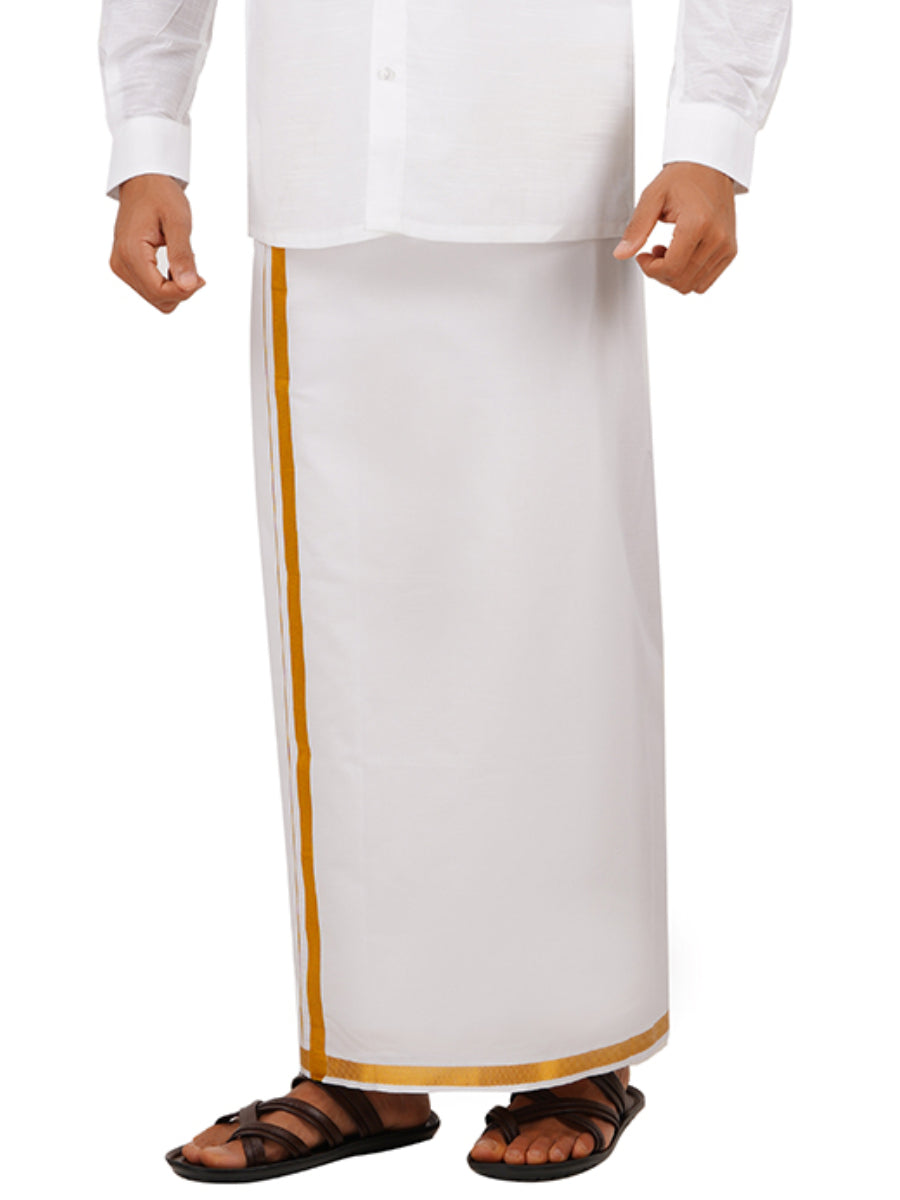 Mens Double Dhoti White with Gold Jari 3/4" Gold Twix-Front view