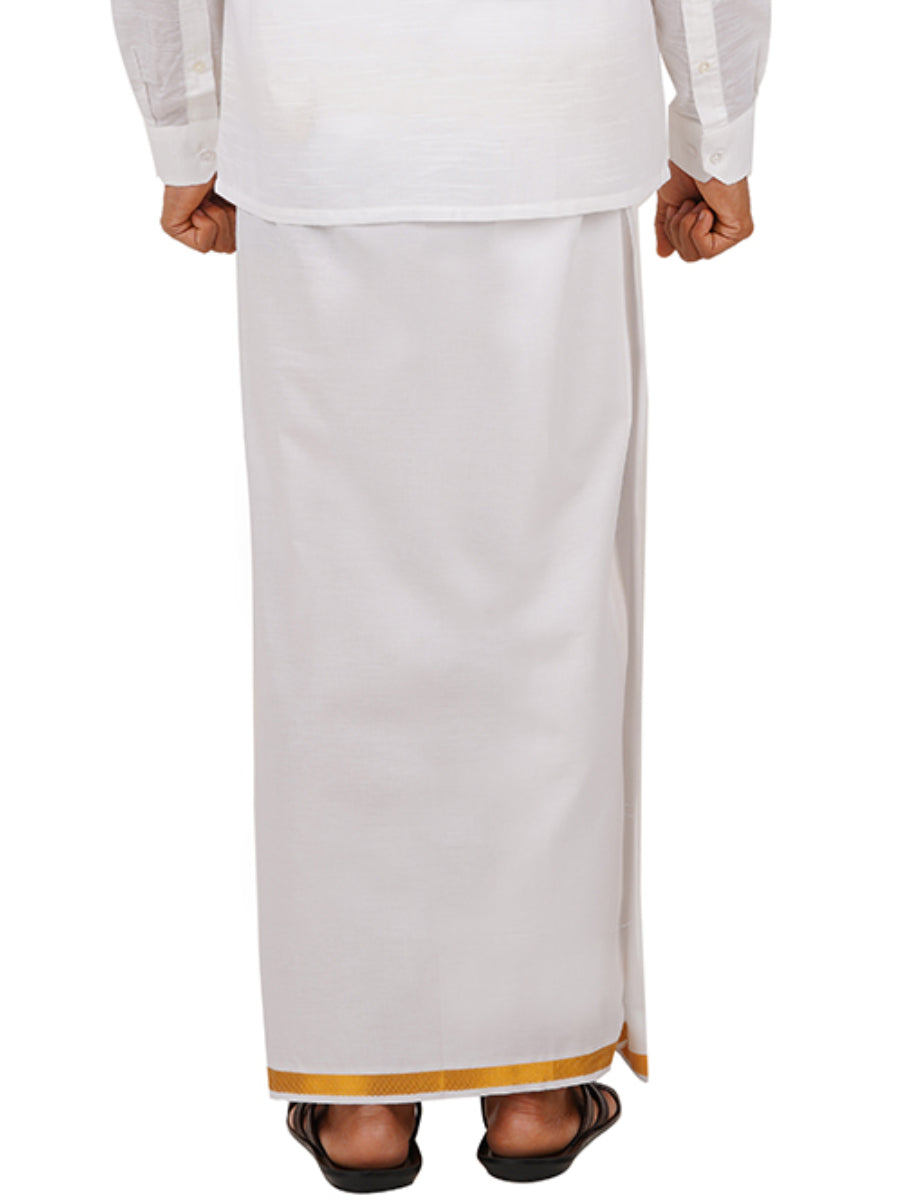 Mens Double Dhoti White with Gold Jari 3/4" Gold Twix-Back view
