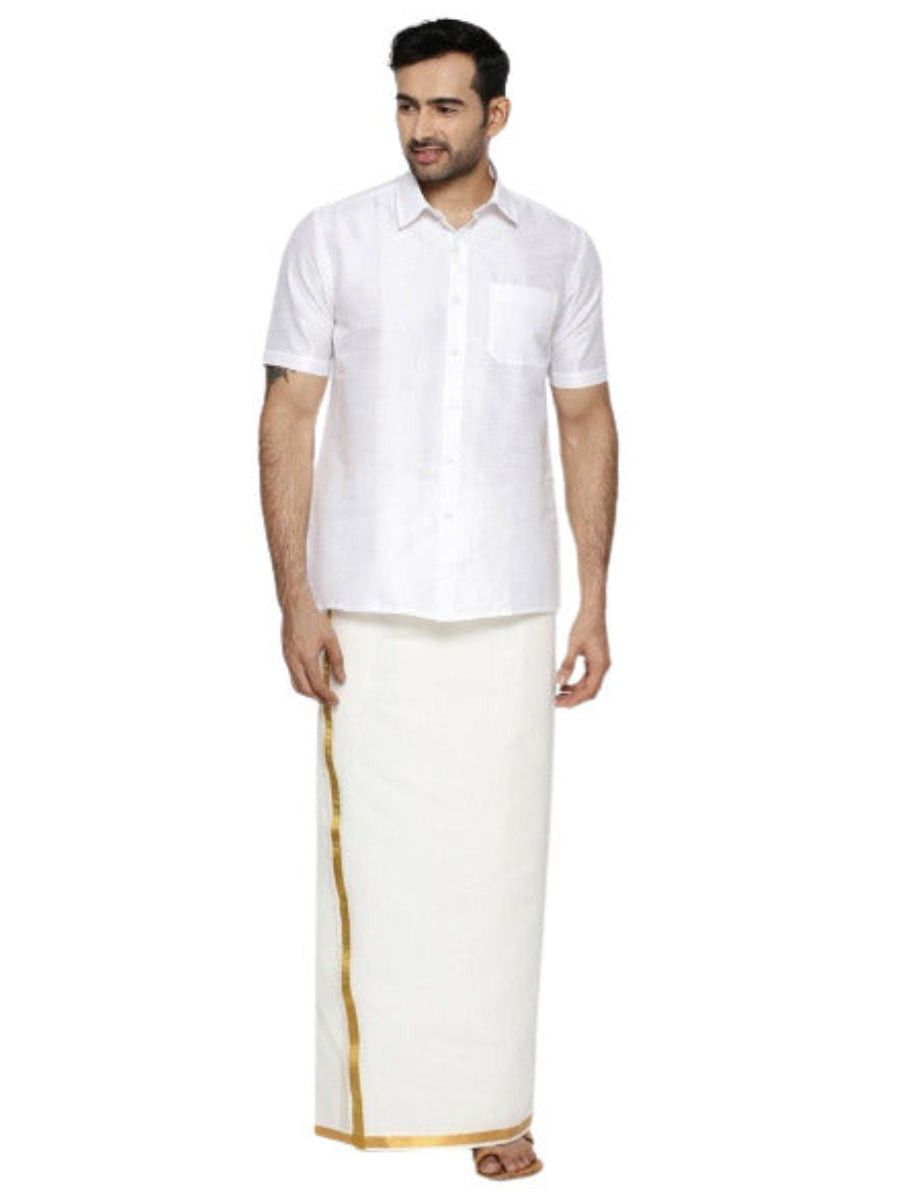 Mens Double Dhoti Cream with Gold Jari Border 3/4" Gold Leaf-Full view