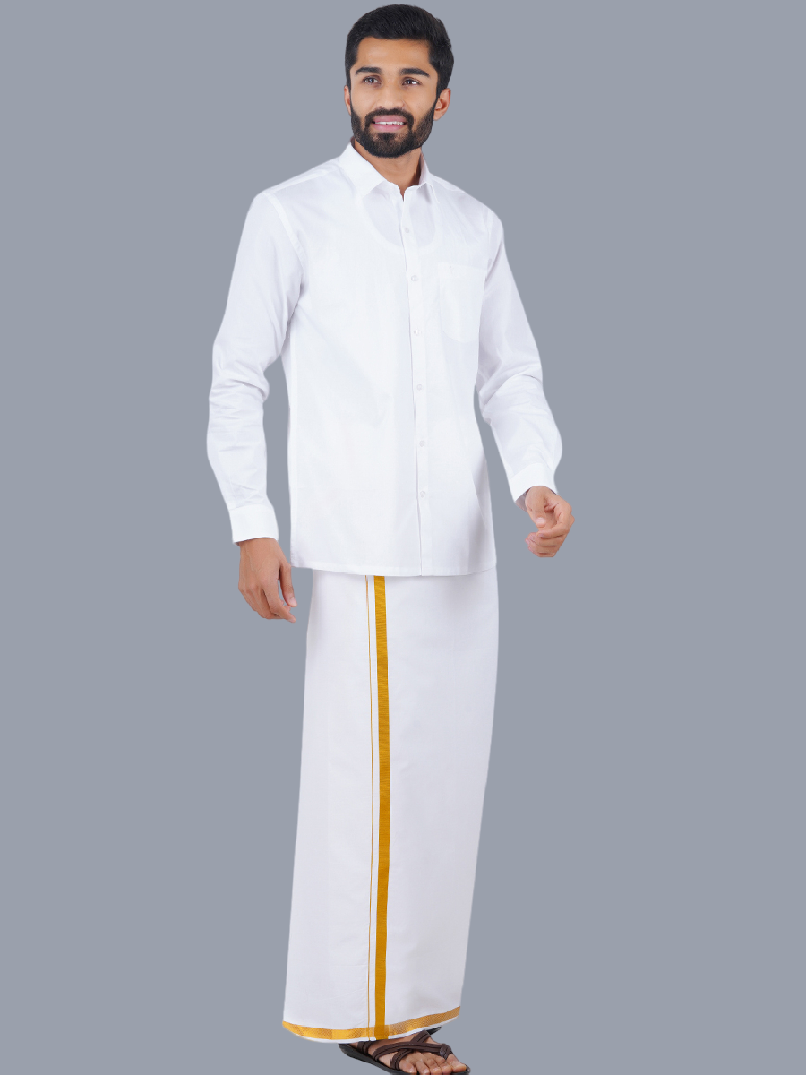 Mens 100% Cotton White Full Sleeves Shirt with 3/4'' Gold Jari Single Dhoti Combo