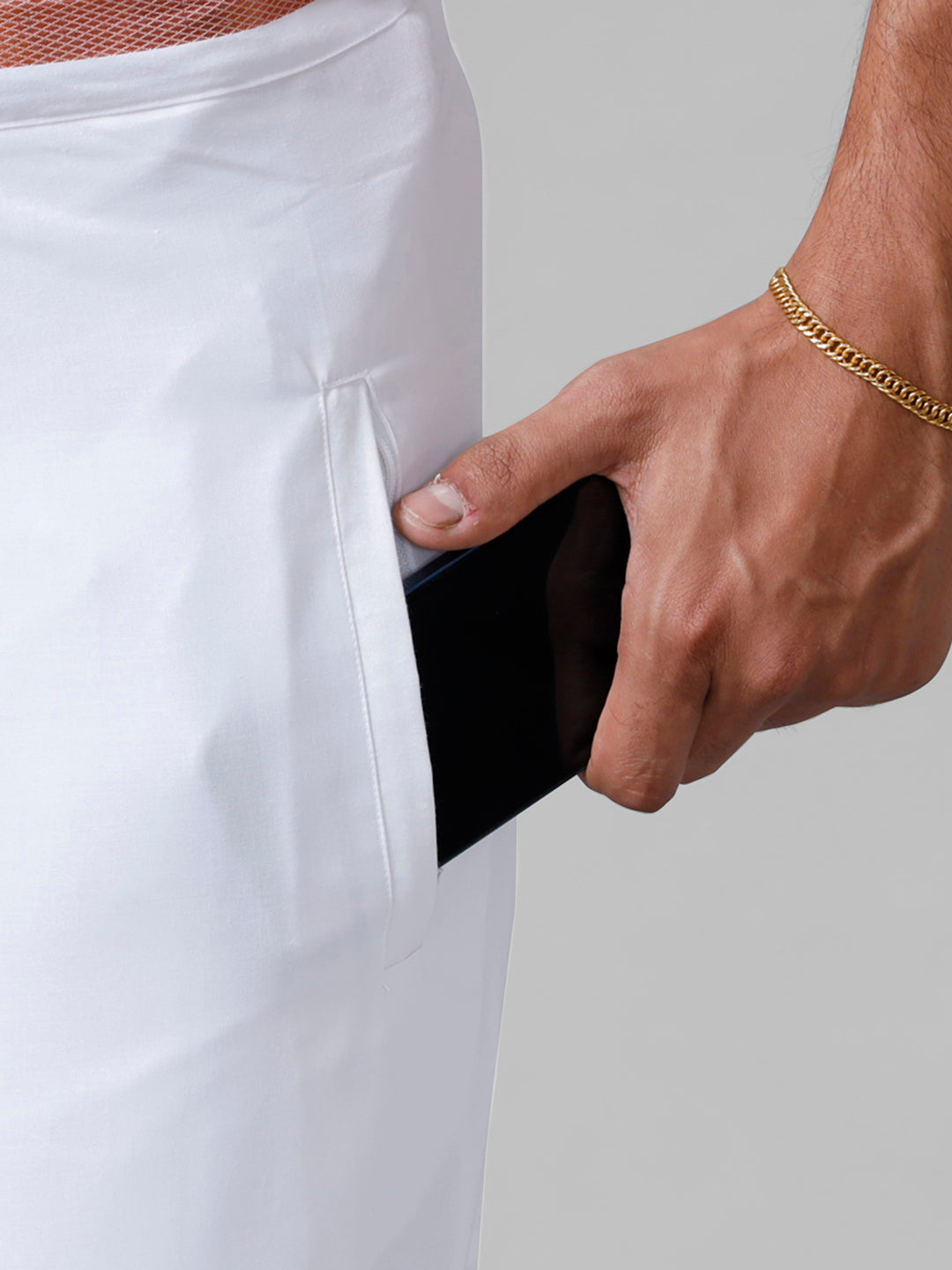 Mens Adjustable Single Dhoti White with Copper Jari 3/4"-Pocket view