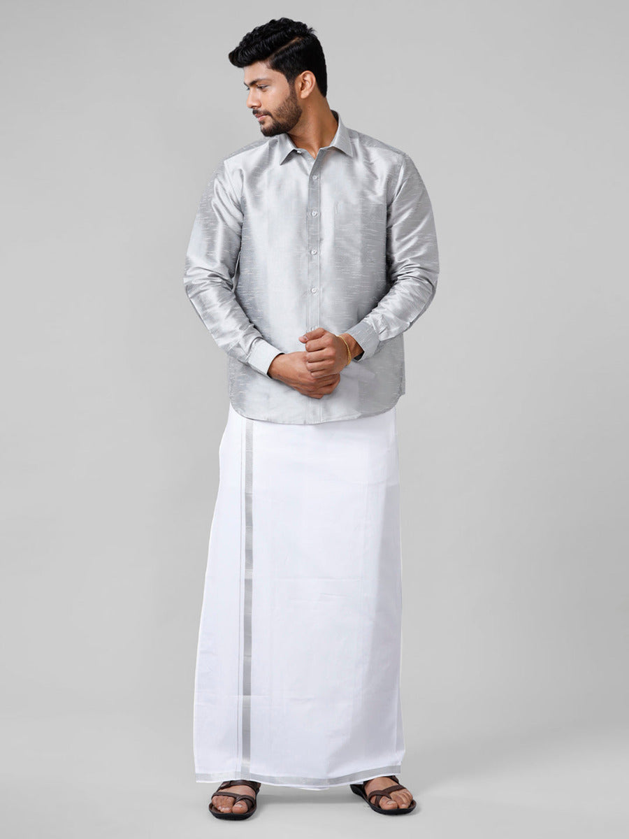 Mens Silver Full Sleeves Shirt with Jari Dhoti Set Glory-Front view