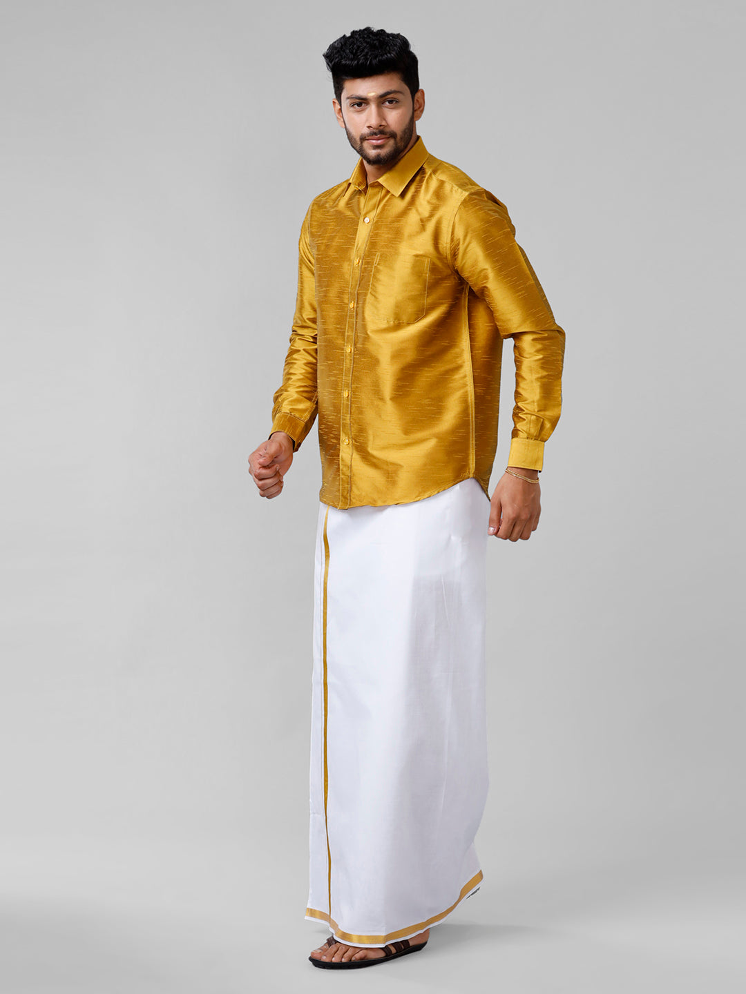 Mens Gold Full Sleeves Shirt with Jari Dhoti Set Glory