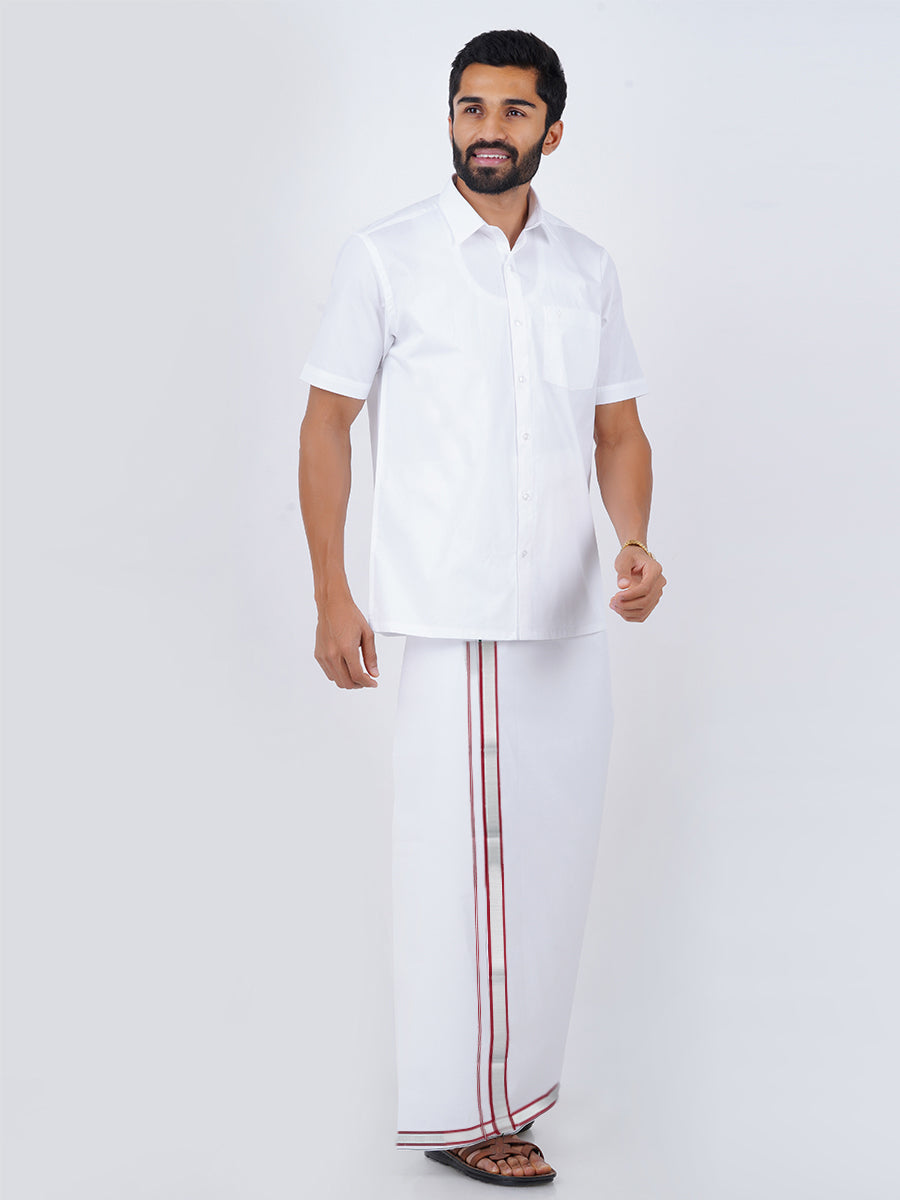 Mens Cotton White Half Sleeves Shirt with Jari Dhoti Combo-Front view