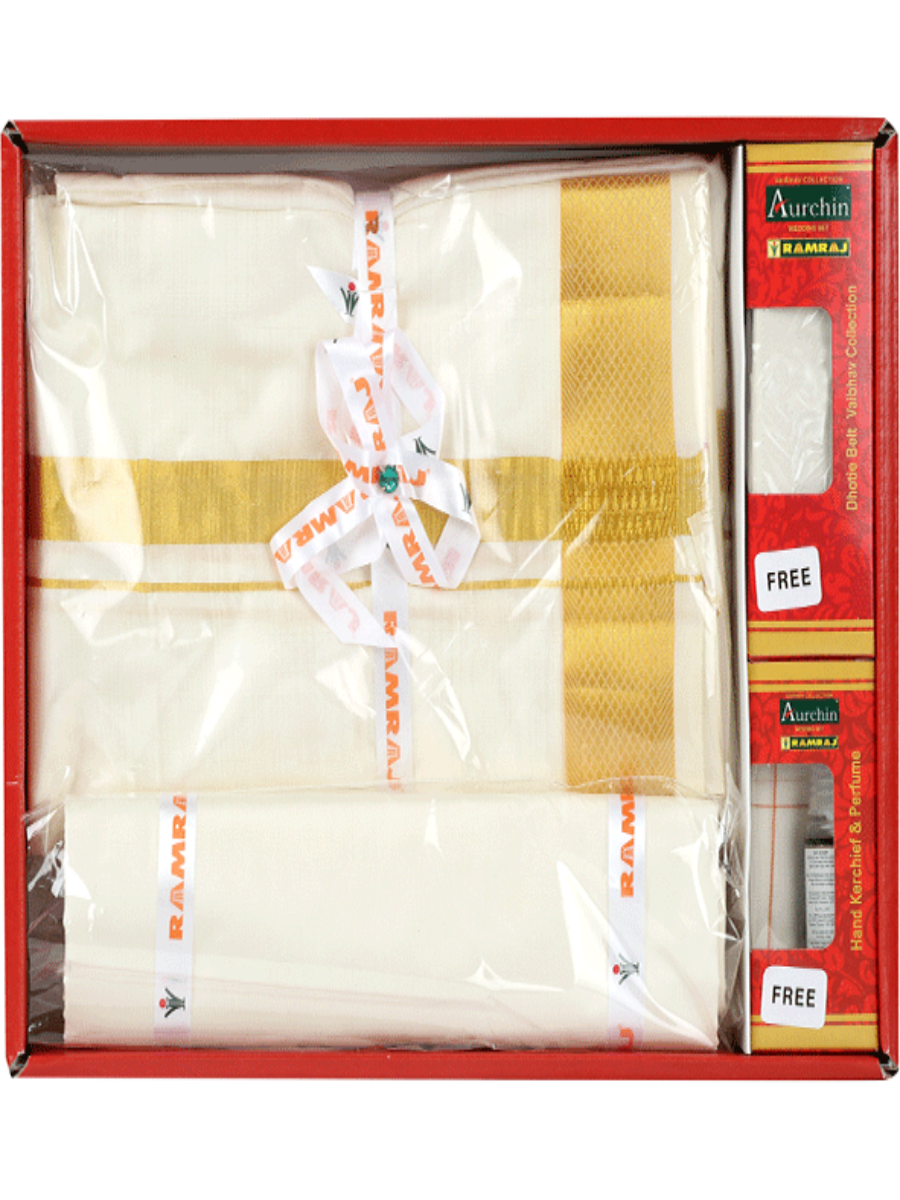 Subha Lagna Silk Shirt Bit and Silk Dhoti 1-1/2" Border (1360222093359)-Box view
