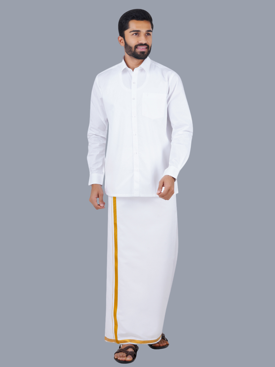 Mens 100% Cotton White Full Sleeves Shirt with 1'' Gold Jari Double Dhoti Combo