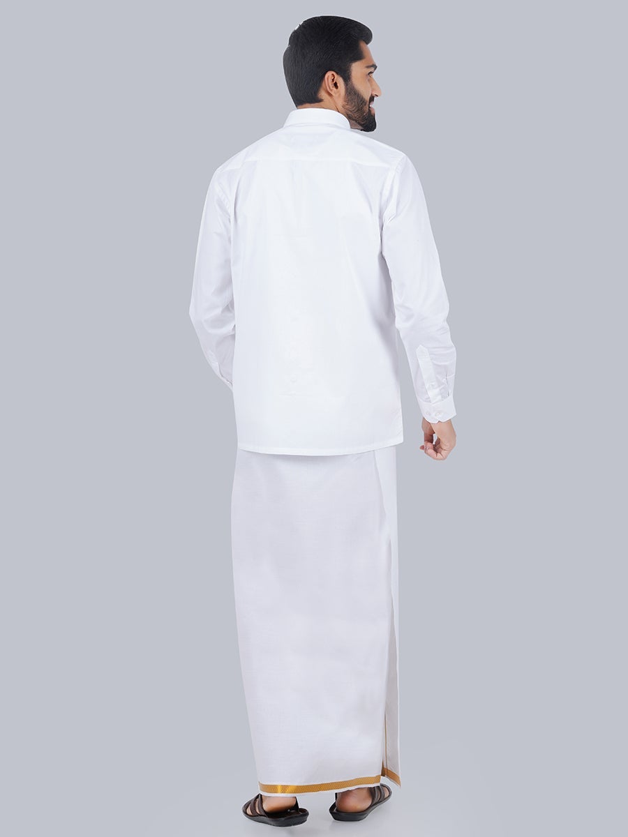 Mens Formal White Full Sleeves Shirt with 3/4''Jari Dhoti-Back view