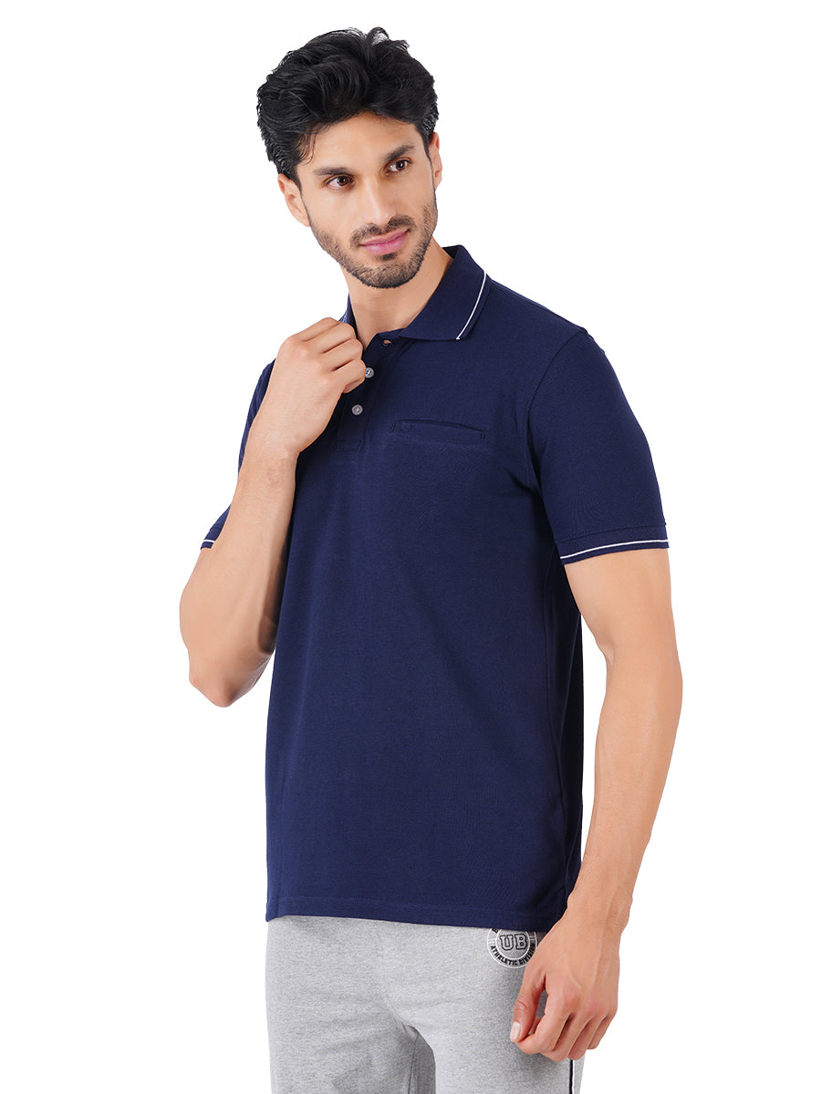 Cotton Blend Polo T-Shirt Navy with Chest Pocket-Side view