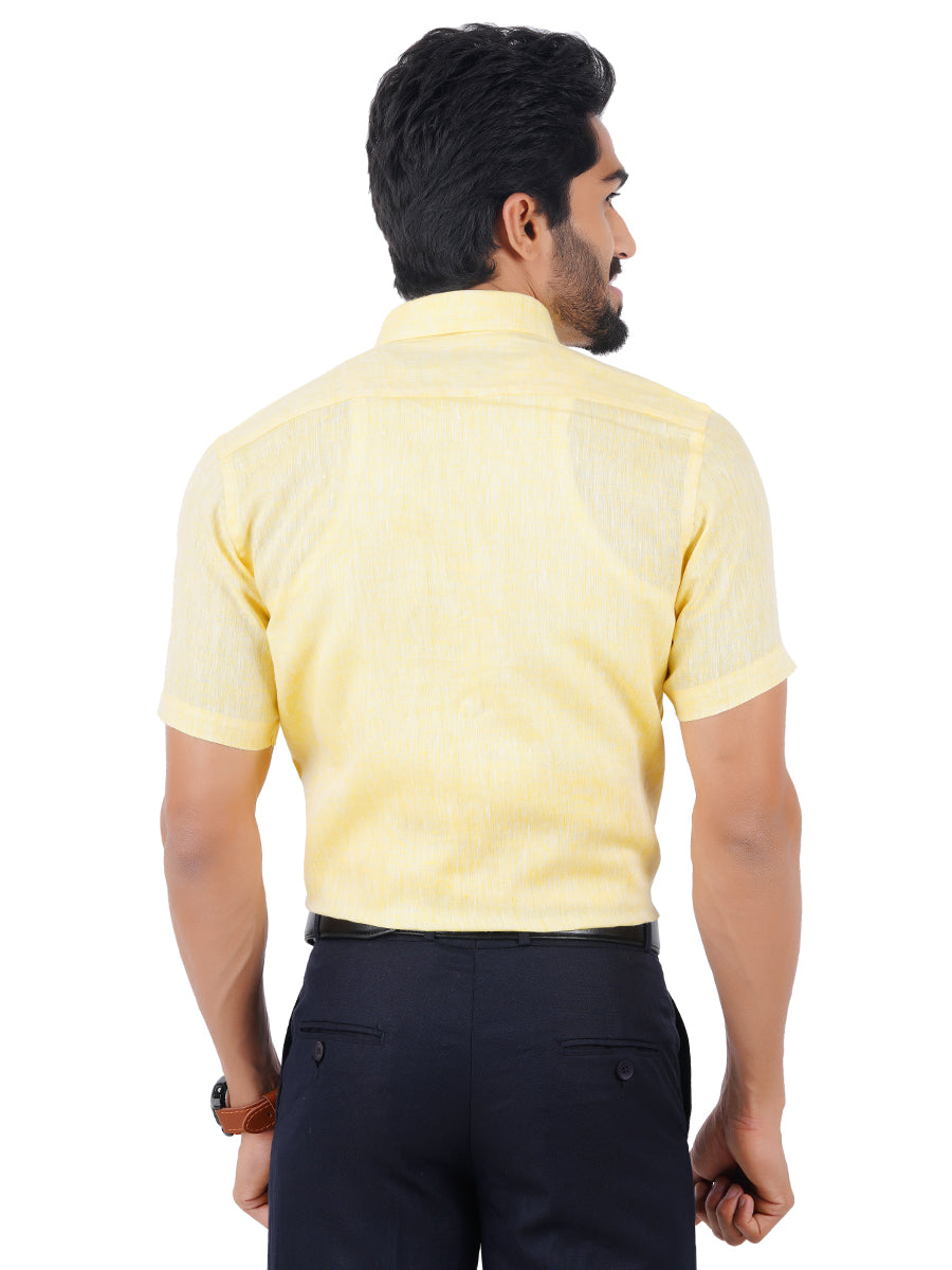 Mens Pure Linen Half Sleeves Shirt Light Yellow-Back view