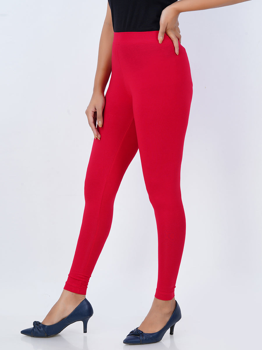 Ankle Fit Mixed Cotton with Spandex Stretchable Leggings Red -Side view