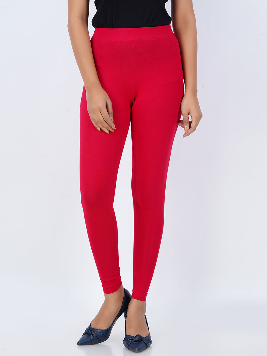 Ankle Fit Mixed Cotton with Spandex Stretchable Leggings Red-Front view