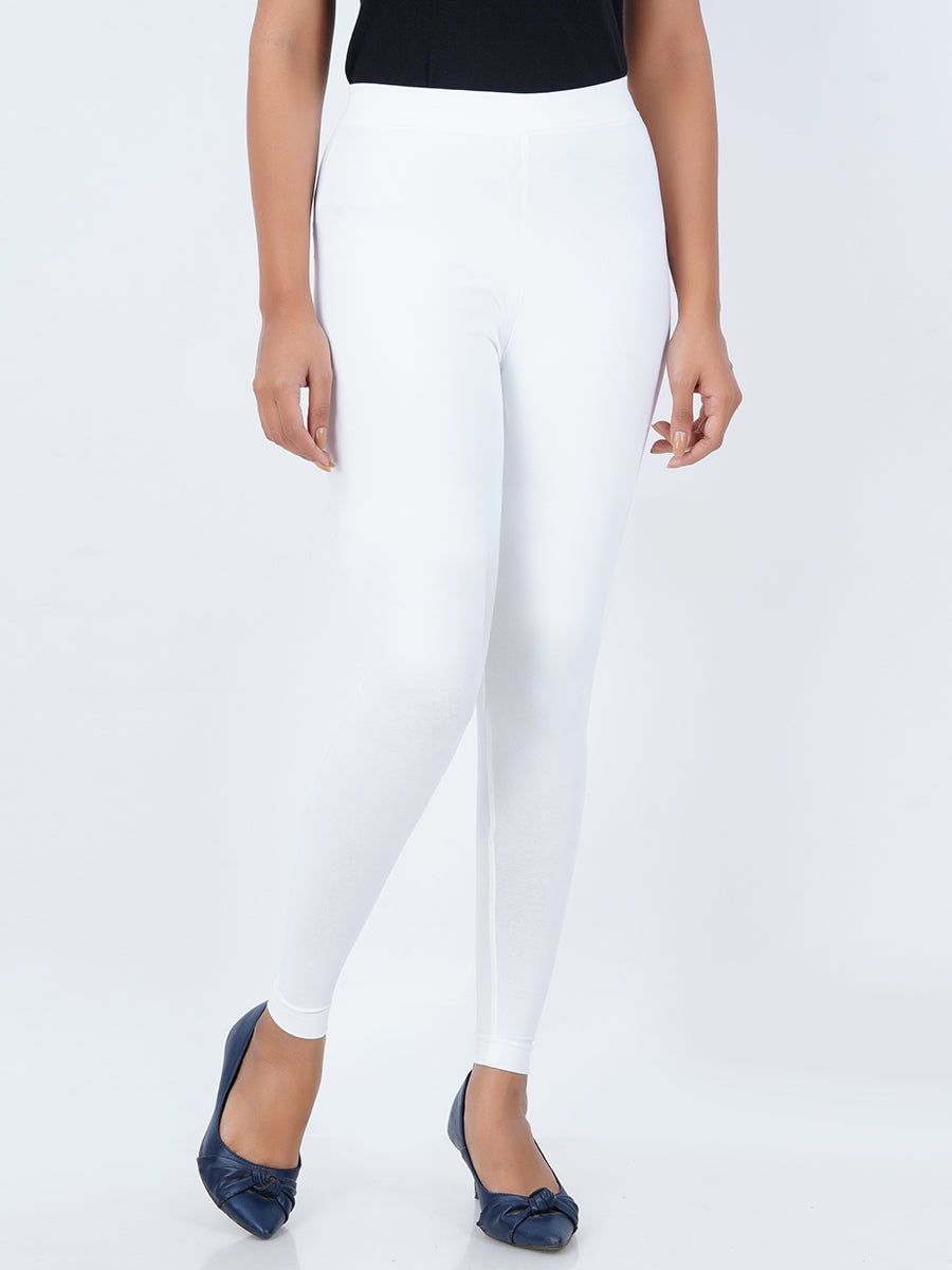 Ankle Fit Mixed Cotton with Spandex Stretchable Leggings White-Side view