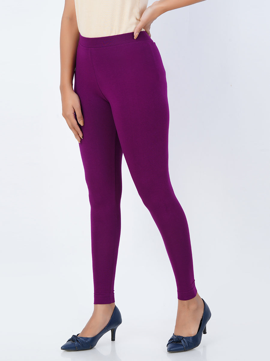 Ankle Fit Mixed Cotton with Spandex Stretchable Leggings Violet-Side view