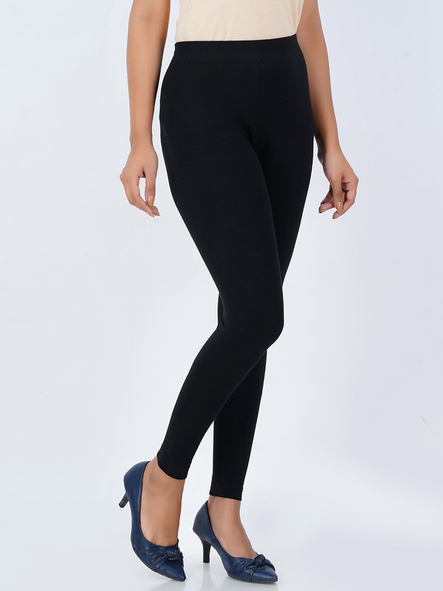 Ankle Fit Mixed Cotton with Spandex Stretchable Leggings Black- Side view