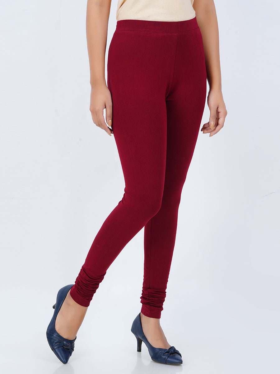 Churidar Fit Mixed Cotton with Spandex Stretchable Leggings Maroon-Side view