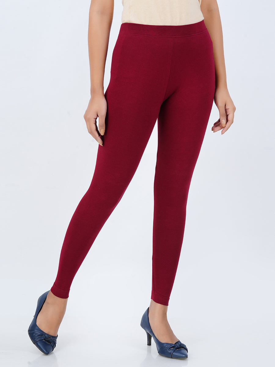 Ankle Fit Mixed Cotton with Spandex Stretchable Leggings Maroon-Side view