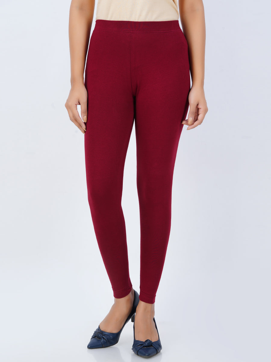 Ankle Fit Mixed Cotton with Spandex Stretchable Leggings Maroon-Front view