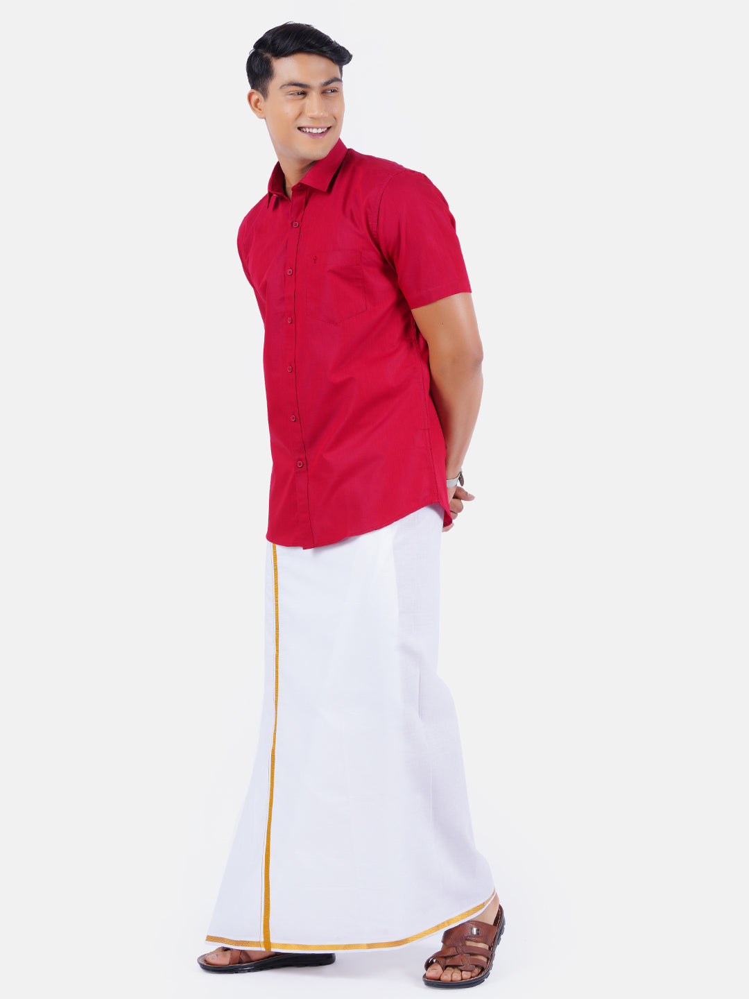 Mens Cotton Color Half Sleeves Shirt with 1/2'' Gold Jari Dhoti Combo-side view
