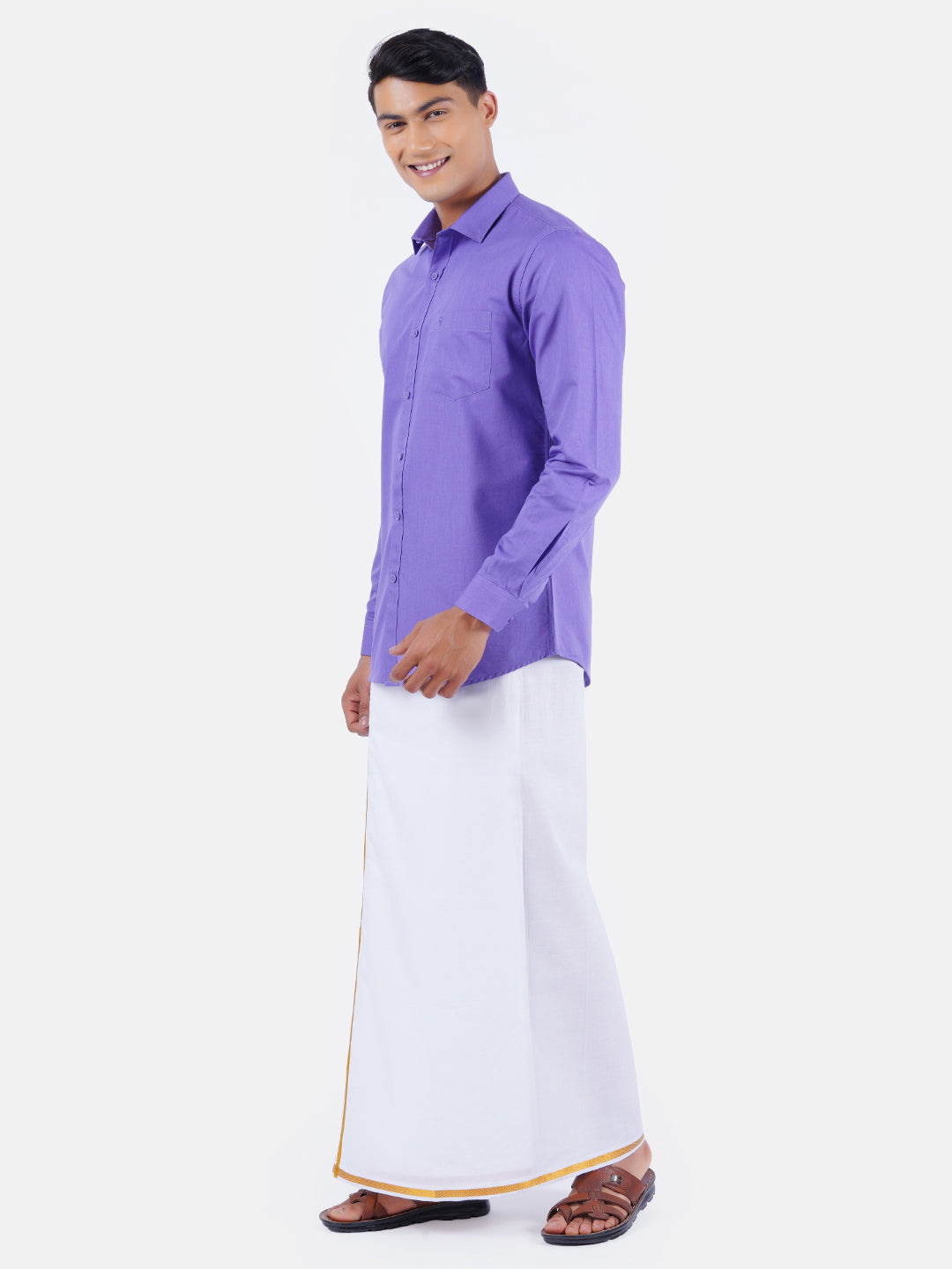 Mens Cotton Colour Full Sleeves Shirt with Jari Dhoti Plus Size Combo-Side view