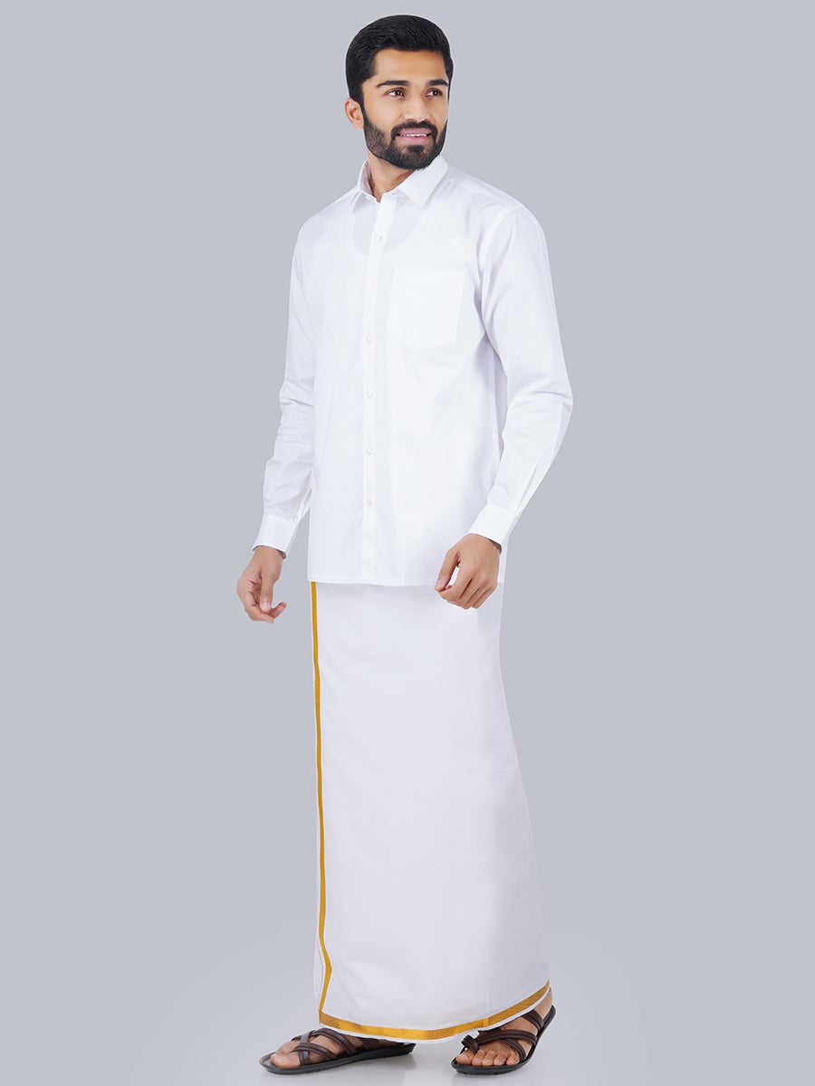 Mens Cotton White Full Sleeves Shirt with 3/4''Jari Dhoti-Side view