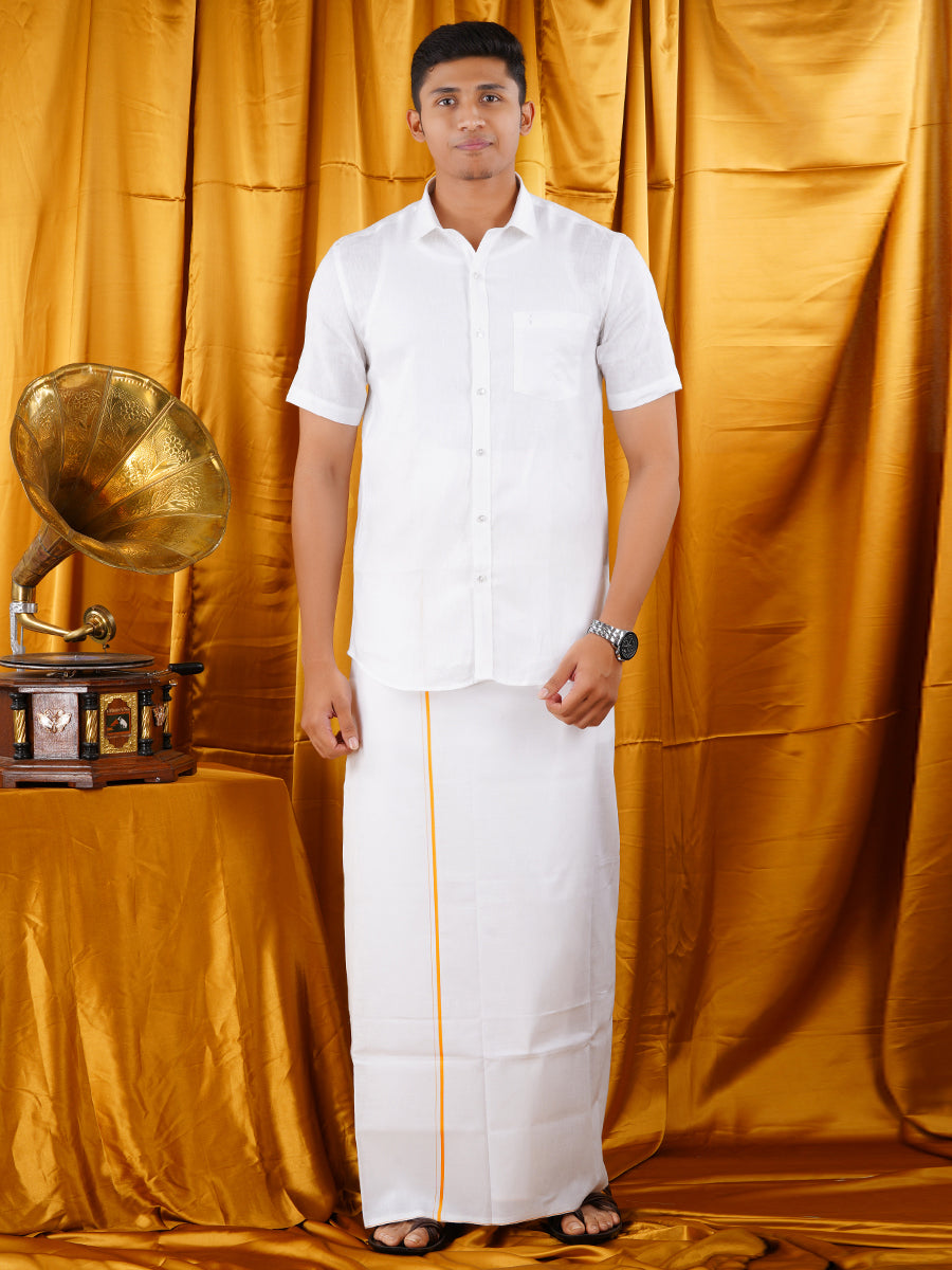 Mens Premium White Dhoti & Half Sleeve Shirt Right Man Set