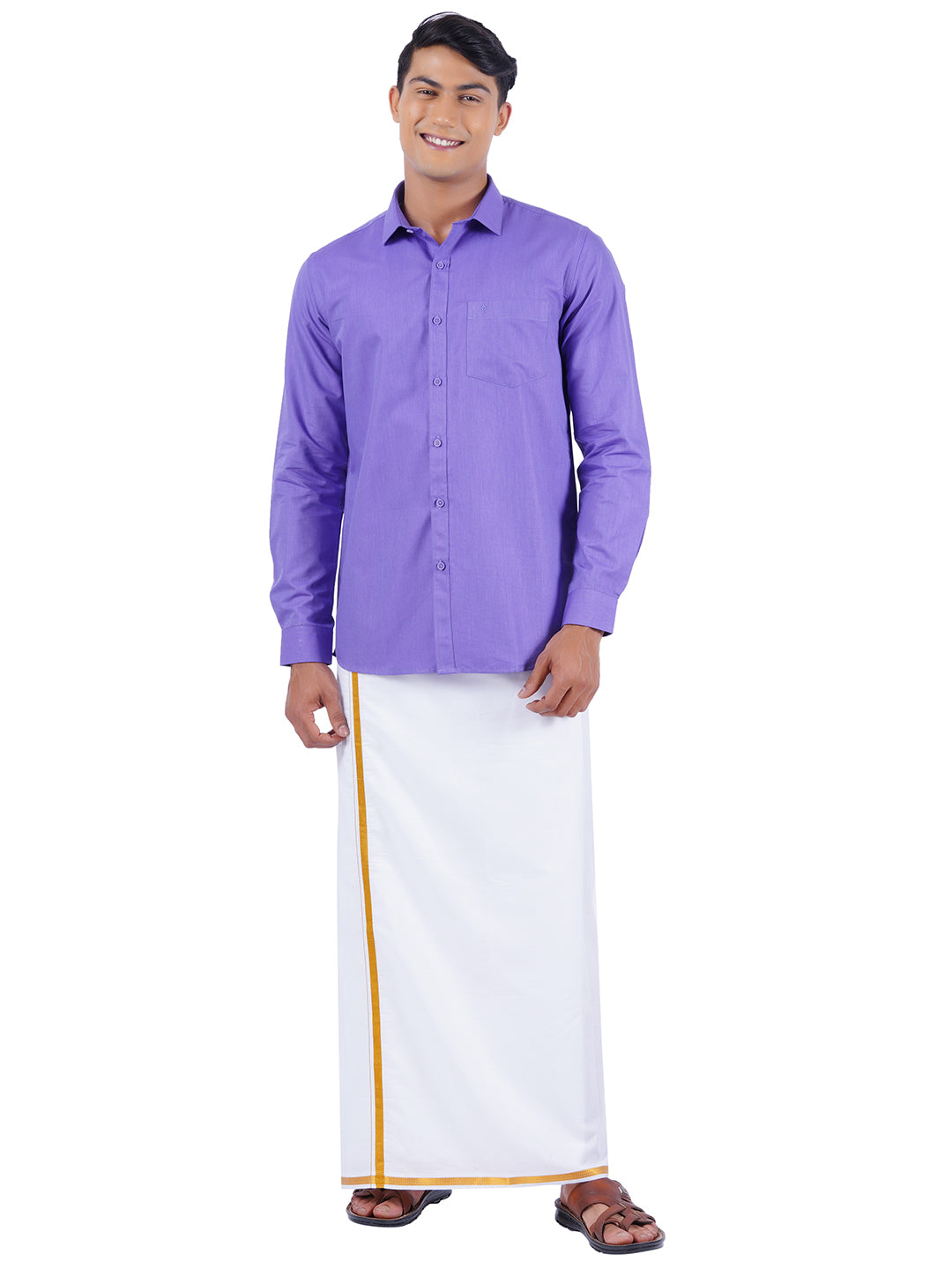 Mens Cotton Full Sleeves Shirt with 1/2'' Gold Jari Dhoti Combo