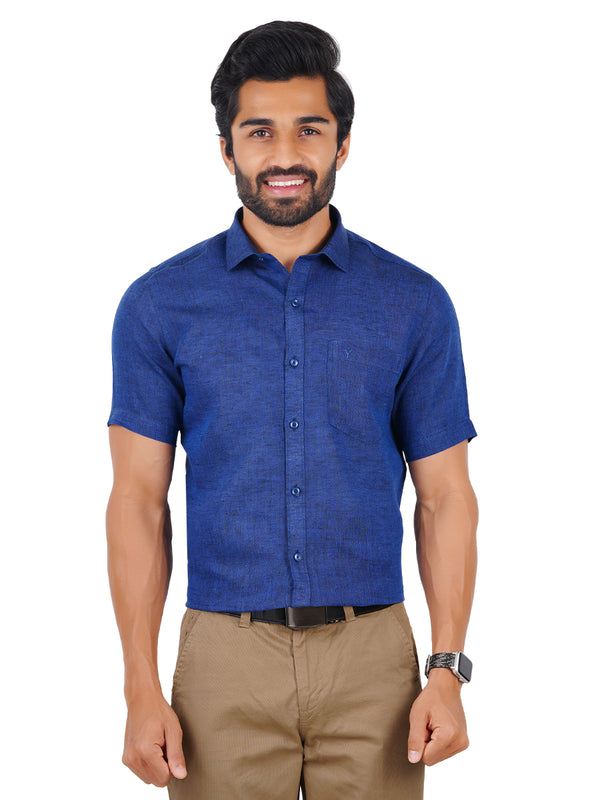 Mens Pure Linen Half Sleeves Shirt Blue