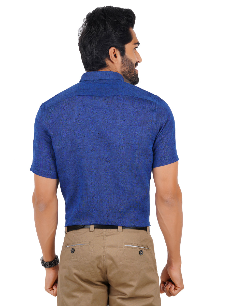 Mens Pure Linen Half Sleeves Shirt Blue-Back view