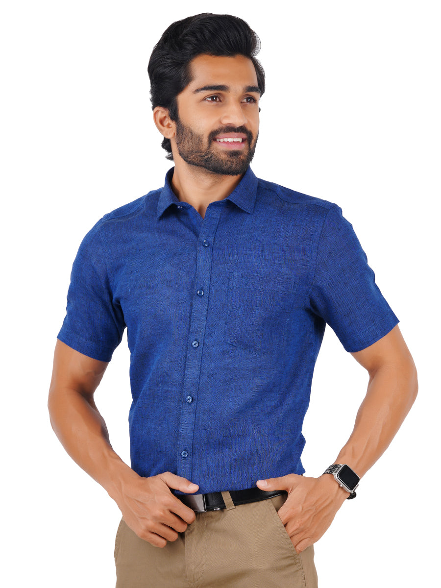 Mens Pure Linen Half Sleeves Shirt Blue-Side view