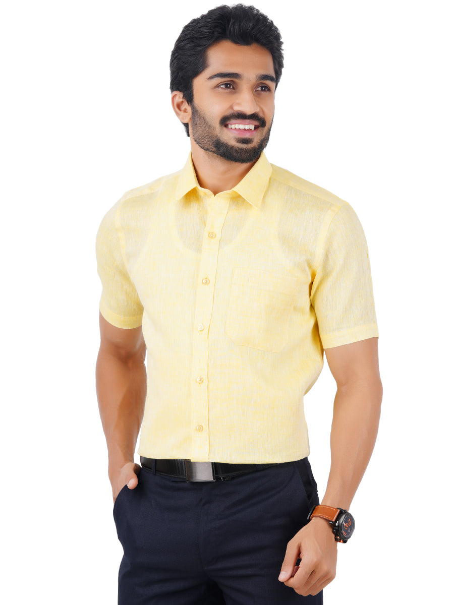Mens Pure Linen Half Sleeves Shirt Light Yellow-Front view