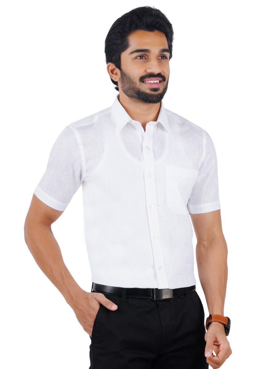 Mens 100% Pure Linen Half Sleeves White Shirt 5445-Side alternative view